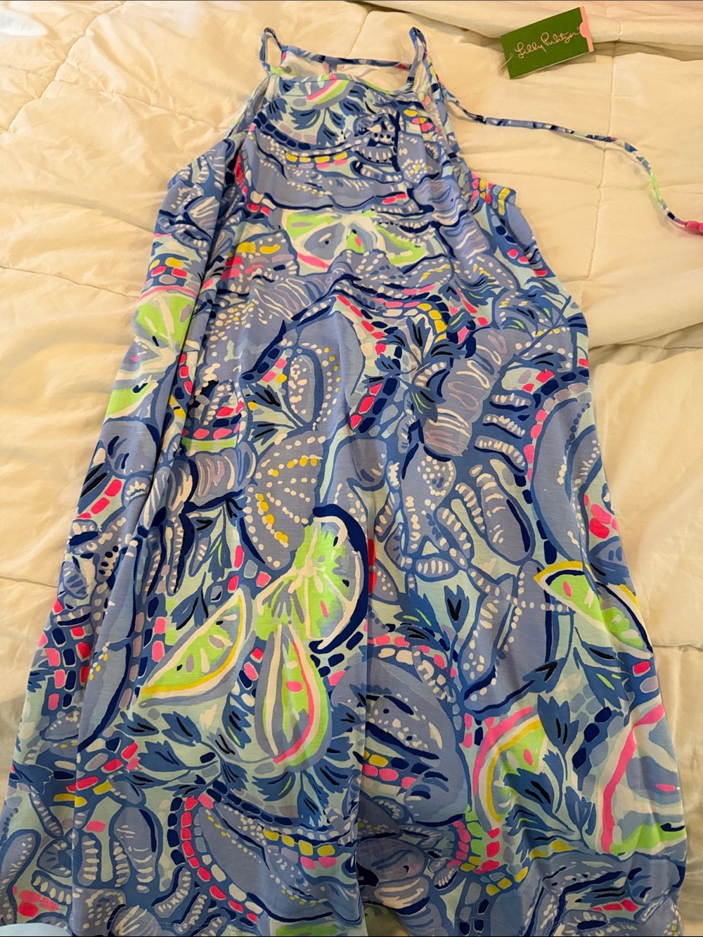 Lilly Pulitzer Blue Tropical Halter Sundress with Neon Accents